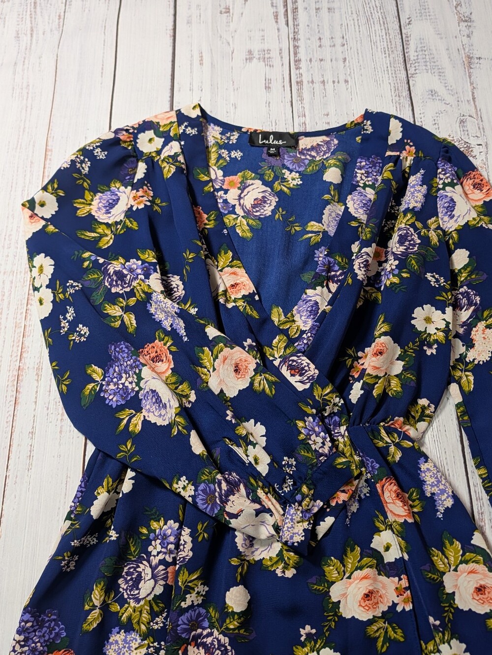 Lulus Navy Blue Floral Long Sleeve Faux Wrap Tulip Hem Mini Dress M - Picture 6 of 12